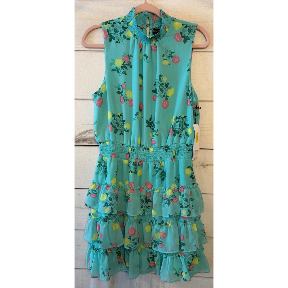 1. State Aqua Floral Tiered Ruffle Dress with Pink and Yellow Accents